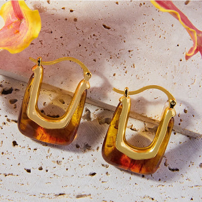 Resin design earrings with a simple and casual style U-shaped copper material ear buckle