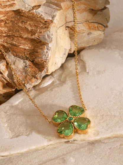 Stainless Steel Zircon Lucky Clover Pendant Necklace